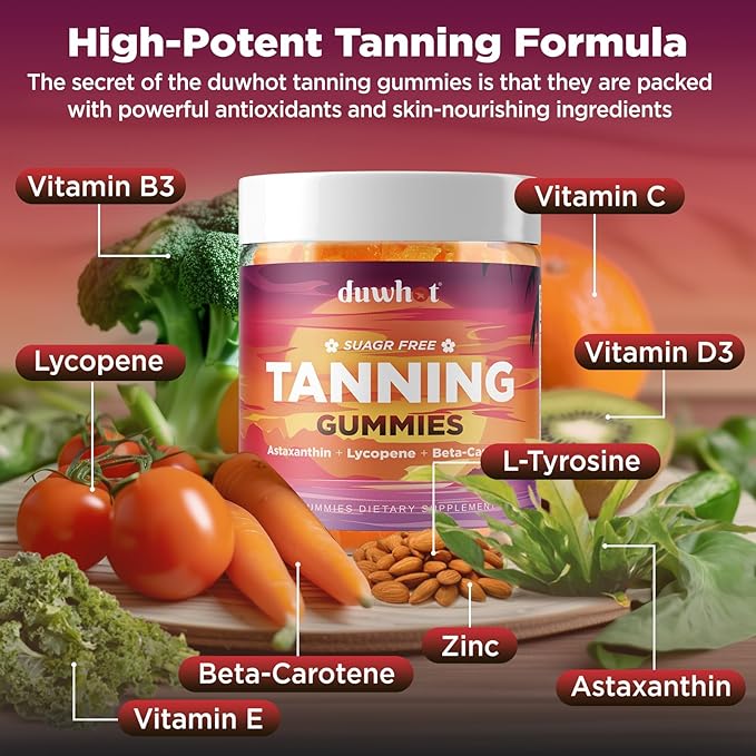 duwhot Astaxanthin Gummies Sugar Free, Astaxanthin for Women & Men Tanning Support, Enhanced with Lycopene & Beta Carotene Vegan, Orange Flavor, 60 Chewables