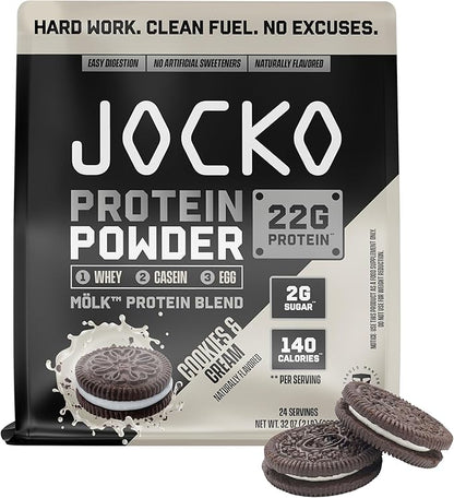 Jocko Fuel Whey Protein Powder, Cookies & Cream, 22g Protein, Digestive Enzymes + Probiotic Blend, No Sugar Added, with Essential Amino Acids + Electrolyte Minerals, 24 Servings