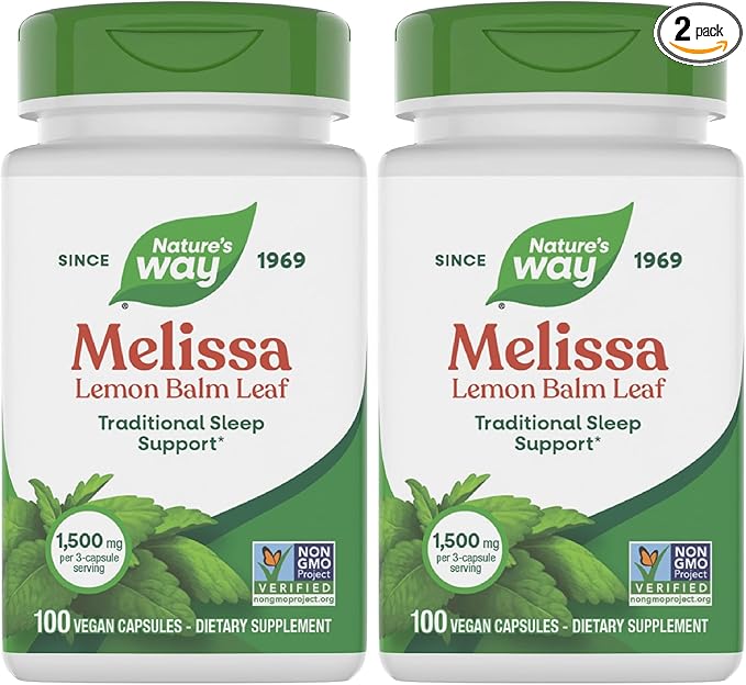 Nature's Way Melissa Lemon Balm Leaf, Traditional Sleep Support*, Melatonin Free, 1500 mg per 3-Capsule Serving, Non-GMO Project Verified, 100 Vegan Capsules (Packaging May Vary), (Pack of 2)