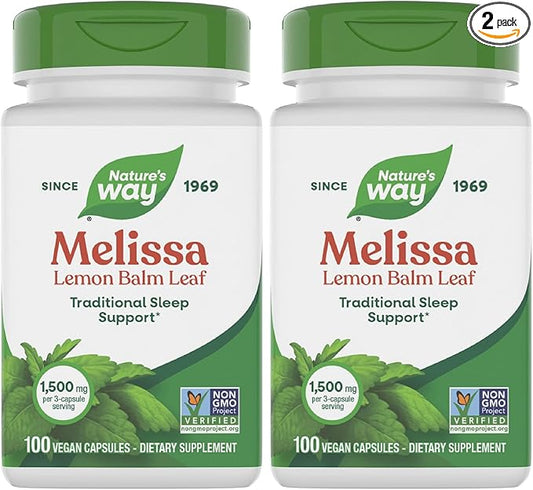 Nature's Way Melissa Lemon Balm Leaf, Traditional Sleep Support*, Melatonin Free, 1500 mg per 3-Capsule Serving, Non-GMO Project Verified, 100 Vegan Capsules (Packaging May Vary), (Pack of 2)