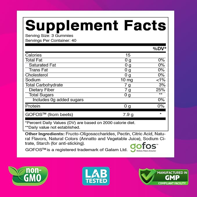 Vitabod Fiber Gummies 7G Per Serving for Digestive Health & Regularity, Prebiotic GOFOS™ Plant-Based Fiber, No Sugar Added, Vegan, Berry Peach Strawberry, 120 Gummies (Adults, Women & Men)
