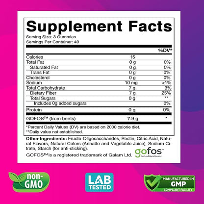 Vitabod Fiber Gummies 7G Per Serving for Digestive Health & Regularity, Prebiotic GOFOS™ Plant-Based Fiber, No Sugar Added, Vegan, Berry Peach Strawberry, 120 Gummies (Adults, Women & Men)