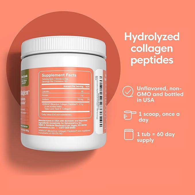 Naturenetics Hair, Skin & Nails Collagen Peptides – Supports Skin Hydration & Hair Strength – Bioavailable Hydrolyzed Collagen – Unflavored, Easy to Mix – Paleo & Keto-Friendly – 60 Servings*
