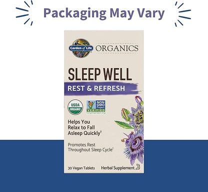 Garden of Life Organics Sleep Well Rest & Refresh 30 Tablets, Green Tea Extract L-Theanine, Valerian Root, Chamomile, Probiotics-Organic Non-GMO Vegan Gluten Free Herbal Supplement(Pack of 2)
