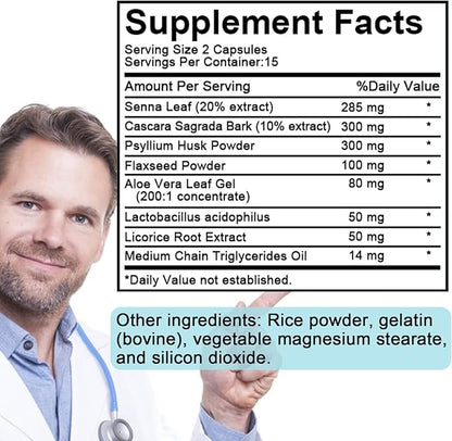 15 Day Cleanse Gut Support 1 Pack, Detox Supplement with Senna, Cascara Sagrada & Psyllium Husk, for Men and Women | 30 Capsules