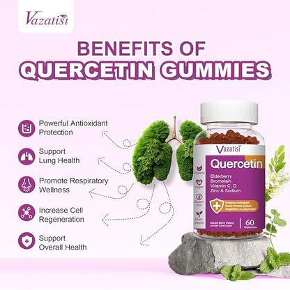 Quercetin Gummies, Quercetin with Vitamin C Zinc, Bromelain, Elderberry and Vitamin D, Immune Support Adults Kids, Women Men 120 Gummies Chewable