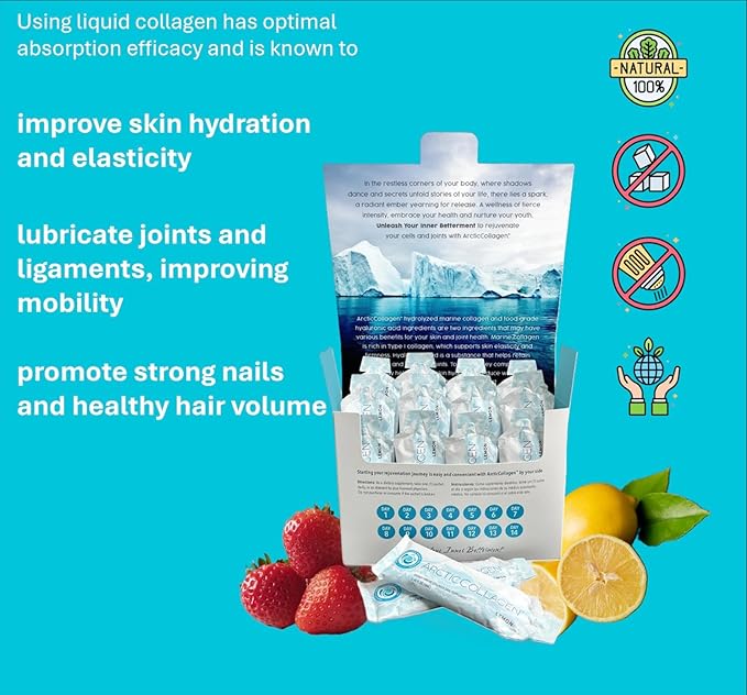Liquid Marine Collagen Peptides for Women – 8000mg Hydrolyzed Liquid Collagen Supplement with Biotin & Vitamins for Hair Growth, Skin, Nails & Joints, Strawberry Flavor, Sugar Free, 14 Sachets