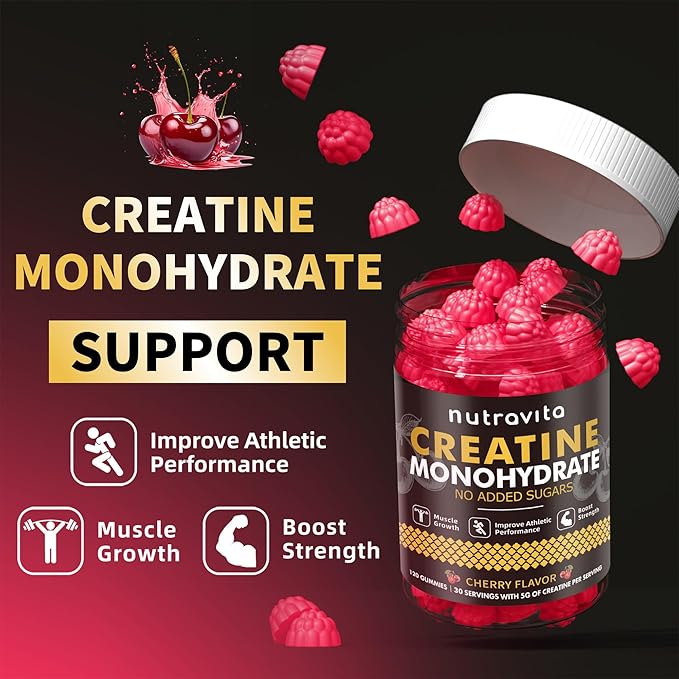 Nutravita NSF Certified Creatine Gummy - Creatine Monohydrate Gummies for Men & Women-5g of Creatine Monohydrate per Serving - Sugar Free,Vegan, Cherry Flavor, 120 Count