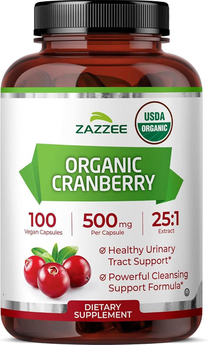 Zazzee USDA Organic Cranberry 25:1 Extract, 500 mg per Capsule, 100 Vegan Capsules, 3+ Month Supply, Certified Kosher, Vaccinium Macrocarpon, Urinary Tract & Bladder Support, Non-GMO, Made in the USA