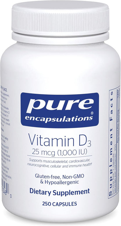 Pure Encapsulations Vitamin D3 25 mcg (1,000 IU) - Supplement to Support Bone, Joint, Breast, Heart, Colon & Immune Health* - with Premium Vitamin D - 250 Capsules
