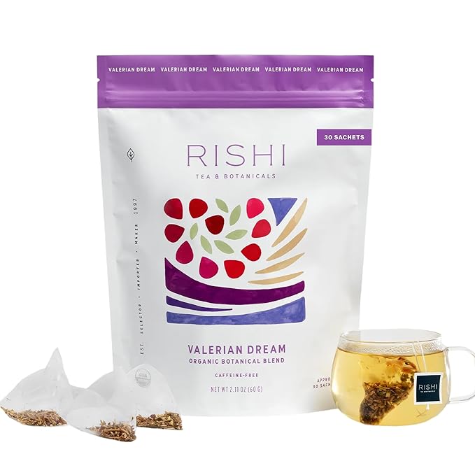 Rishi Tea Valerian Dream Herbal Tea - Organic Sachet Bags, Caffeine Free, Calming Botanical Blend with Valerian Root - 30 Count