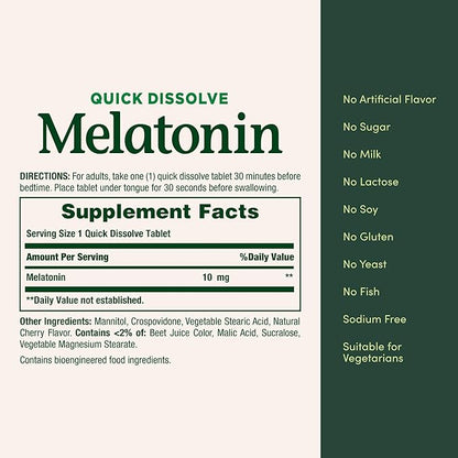 Nature's Bounty Melatonin, 100% Drug Free Sleep Aid, Dietary Supplement, Promotes Relaxation and Sleep Health, 10mg, 45 Quick Dissolve Tablets