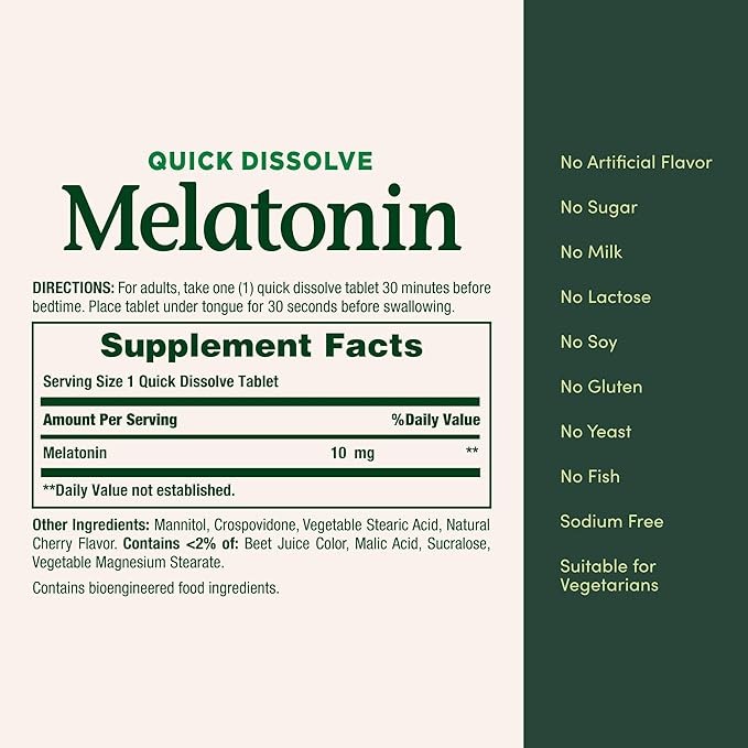 Nature's Bounty Melatonin, 100% Drug Free Sleep Aid, Dietary Supplement, Promotes Relaxation and Sleep Health, 10mg, 45 Quick Dissolve Tablets (Pack of 2)