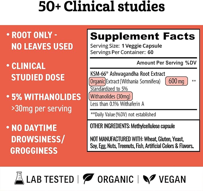 Ashwagandha KSM 66 Organic – KSM-66 ashwagandha 600mg Root Extract Full Spectrum Capsules | Standardized 5% Withanolides | Natural Stress Relief, Cortisol & Sleep Aid Supplement | Muscle Growth & Mood