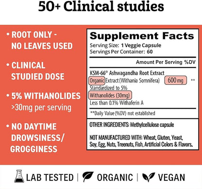 Ashwagandha KSM 66 Organic – KSM-66 ashwagandha 600mg Root Extract Full Spectrum Capsules | Standardized 5% Withanolides | Natural Stress Relief, Cortisol & Sleep Aid Supplement | Muscle Growth & Mood