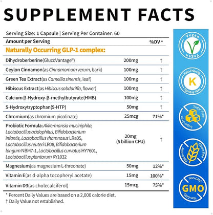 Bualle Support GLP-1 Supplement Weight Loss | GlucoVantage® DHB + Akkermansia Probiotic | Super Berberine for 5X Bioactive Appetite, Metabolic & Gut Support, 60ct | Perfect with Sea Moss Capsules