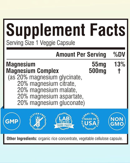 Terranics 5-in-1 Magnesium Complex Supplement 500mg - 5 Forms High Absorption Magnesium Glycinate Citrate Malate Aspartate Gluconate for Sleep Heart Health - Non-GMO 120 Vegan Capsules