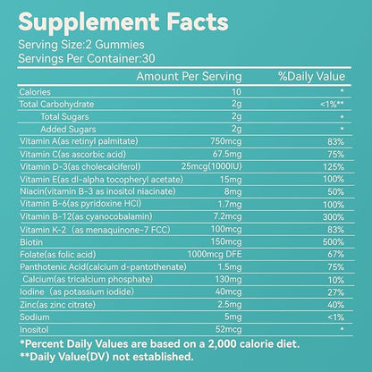 Women's Multivitamin Gummies, Vitamins A, C, D3, E, K, B12, Calcium, Biotin, Folic Acid, Inositol, Multivitamin for Women for Daily Nutritional Support, 30 Day Supply - 60 Count
