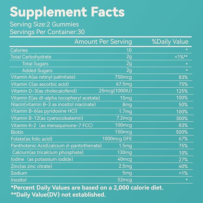 Women's Multivitamin Gummies, Vitamins A, C, D3, E, K, B12, Calcium, Biotin, Folic Acid, Inositol, Multivitamin for Women for Daily Nutritional Support, 60 Day Supply - 120 Count