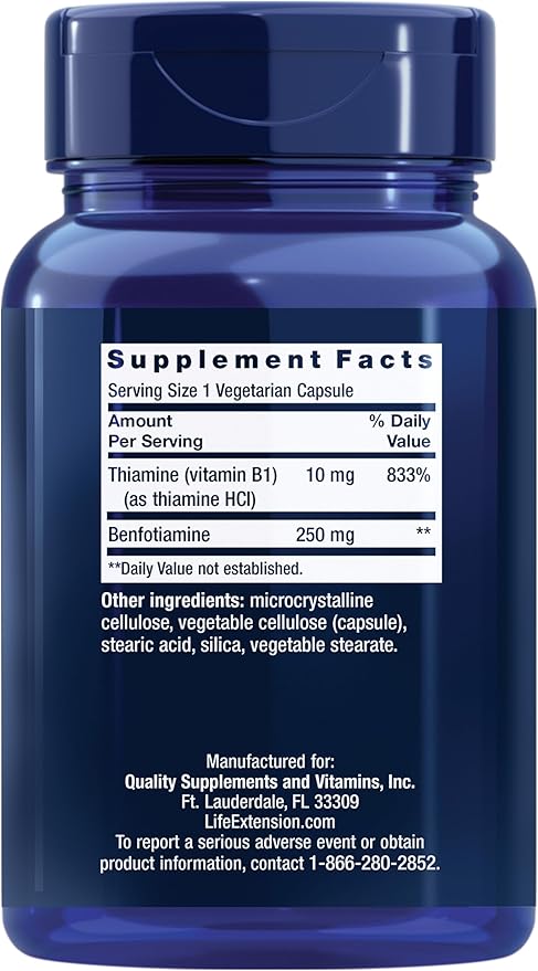 Life Extension Mega Benfotiamine, 250 mg, a fat-soluble form of thiamine, healthy metabolism, ultra-bioavailable vitamin B1, high potency, gluten-free, non-GMO, vegetarian, 120 capsules