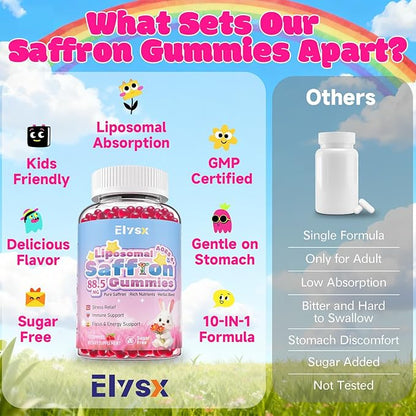 Liposomal Saffron Gummies for Kids and Adults, Pure Saffron Extract Supplements with Holy Basil, Rosemary, Magnesium Glycinate, L-Theanine, Stress Relief & Focus Support, Sugar Free, 60 Ct