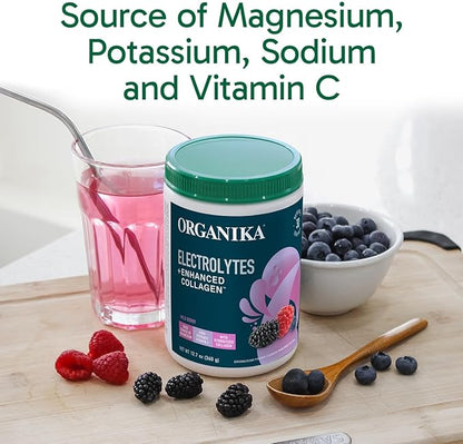 Organikа Electrolytes with Enhanced Collagen Powder for Women & Men - 13 oz - Wild Berry-Flavored Effervescent Electrolyte & Collagen Drink Mix - Deep Hydration, Mobility, Skin, Hair, & Nails
