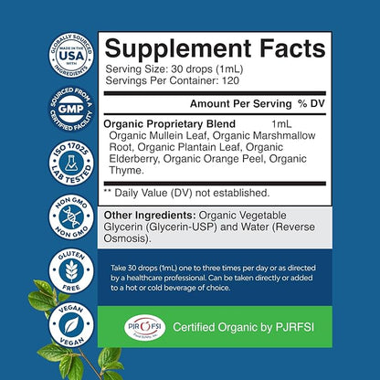 Organic Mullein Drops for Lungs - Herbal Lung Detox & Cleanse with Marshmallow Root Extract & Plantain Leaf for Respiratory Lung Health - Mullein Leaf Tincture Drops for Breathing Support - 4 Fl Oz