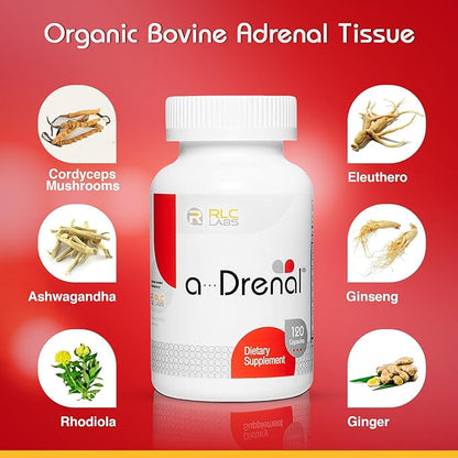 RLC Labs a-Drenal, 240 Capsules - Herbal, Cortisol Supplement with Ashwagandha, Ginger & Rhodiola to Support Balance, Mood, Energy & Vitality - Adrenal Support Formula for Adult (2 Month Supply)