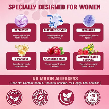 Totaria (2 Packs) Probiotics for Women, 120 Billion Women Probiotic, Digestive Enzymes & Prebiotics, with Akkermansia, Cranberry, D-Mannose, for Gut, Urinary, Immune, PH Balance, 240 Vegan Capules