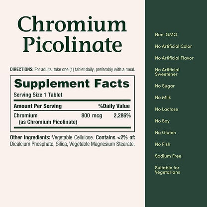 Nature's Bounty Chromium Picolinate, Supports Fat, Protein & Sugar Metabolism, Mineral Supplement, 800 mcg, 50 Tablets