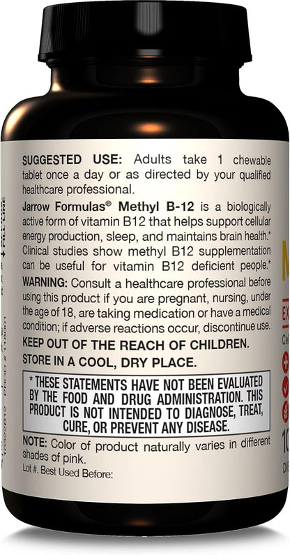 Jarrow Formulas Methyl Vitamin B-12 1000 mcg, 100 Chewable Tablets, Lemon Flavored- Bioactive B12 Vitamin - Supports Cellular Energy Production, Brain Health & Metabolism - 100 Servings