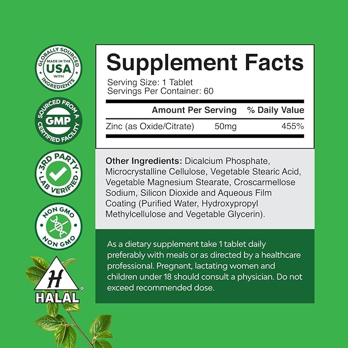 Zinc 50mg Immune Support Supplement - Zinc Complex Supplement for Immune System and to Enhance Hair Skin and Nails Vitamins - Easy to Swallow Potent Daily Tablets for Adults - 60 Count