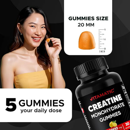 Vitamatic Creatine Gummies 5000mg per Serving Natural Lemon Flavor – 150 Gummies – Creatine Monohydrate for Muscle Strength, Energy & Recovery – Non-GMO, Gluten-Free