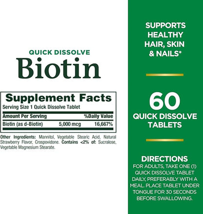 Nature's Bounty Biotin, Supports Metabolism for Cellular Energy and Healthy Hair, Skin, and Nails, 5000 mcg, 60 Quick Dissolve Tablets, (Pack of 2)