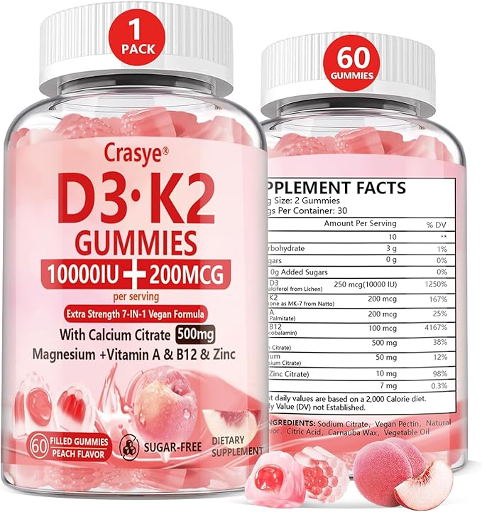 Vitamin D3 K2 Gummies 10000 IU with 500mg Calcium Magnesium Zinc Gummy Sugar Free ADK+Vitamin B12 Supplements for Women and Men Bones, Muscles, Teeth Peach Flavor - 60 Gummies - 30 Servings