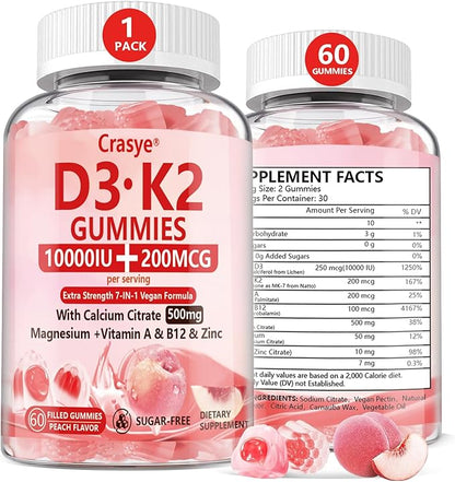 Vitamin D3 K2 Gummies 10000 IU with 500mg Calcium Magnesium Zinc Gummy Sugar Free ADK+Vitamin B12 Supplements for Women and Men Bones, Muscles, Teeth Peach Flavor - 60 Gummies - 30 Servings
