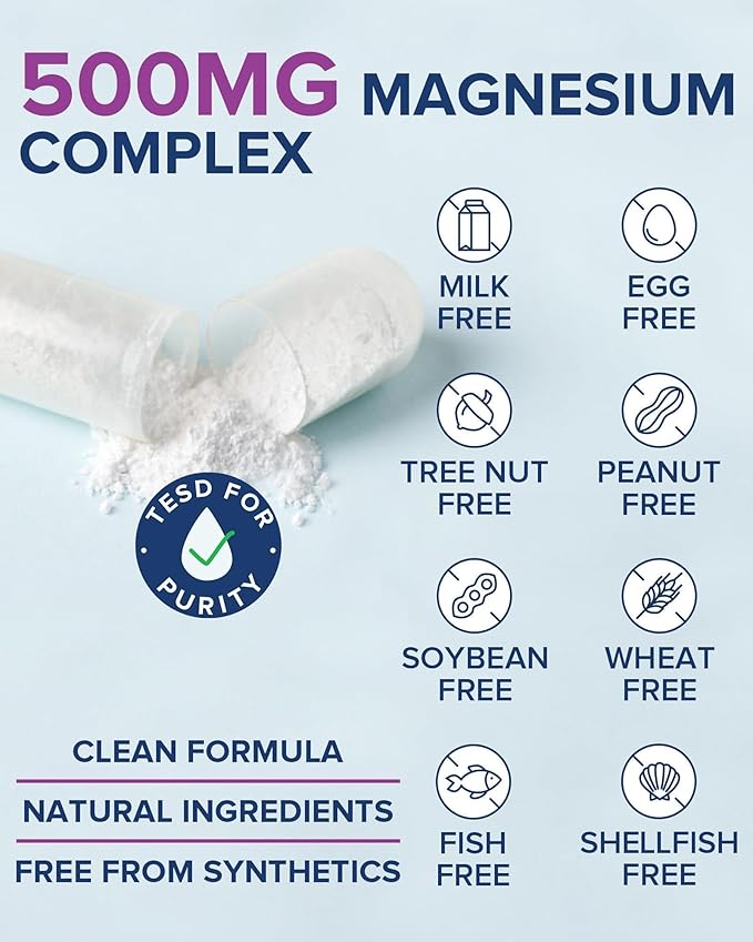 Terranics 5-in-1 Magnesium Complex Supplement 500mg - 5 Forms High Absorption Magnesium Glycinate Citrate Malate Aspartate Gluconate for Sleep Heart Health - Non-GMO 240 Vegan Capsules