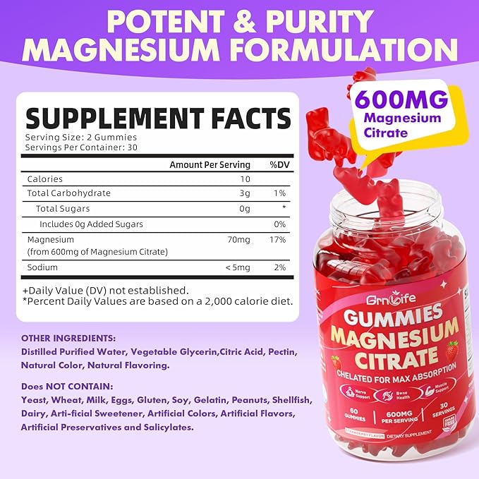 2 Pack Magnesium Citrate Gummies 600mg for Women Men, High Absorption Magnesium Supplement Gummies for Calm, Relaxation, Muscle Health, Vegan, Strawberry Flavor, 120 Count