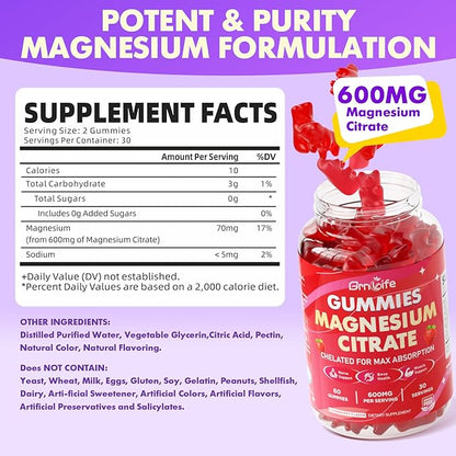 2 Pack Magnesium Citrate Gummies 600mg for Women Men, High Absorption Magnesium Supplement Gummies for Calm, Relaxation, Muscle Health, Vegan, Strawberry Flavor, 120 Count