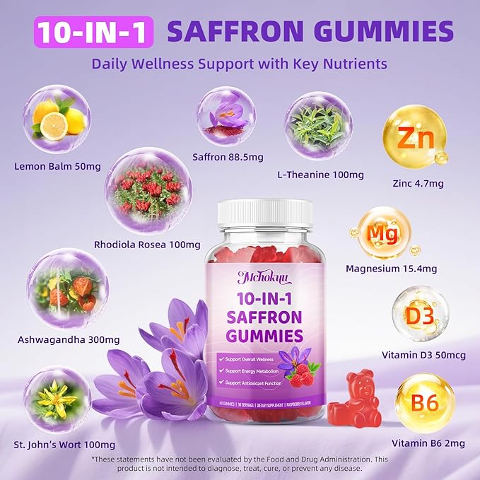 Saffron Supplement Gummies for Kids & Adults Supports Antioxidant Function with Ashwagandha, L-Theanine, Rhodiola Rosea, Lemon Balm, Vitamin D3, B6, Magnesium & Zinc – Raspberry Flavor, 60 Count