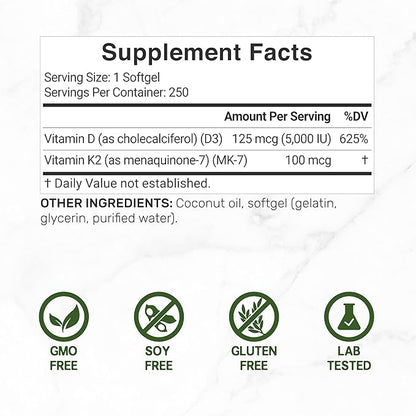 DEAL SUPPLEMENT Vitamin D3 5,000 IU + K2 MK7 100mcg Softgels | 2-in-1 Complex with Virgin Coconut Oil | Supports Heart, Bone, Teeth & Immune Health | Easy to Swallow