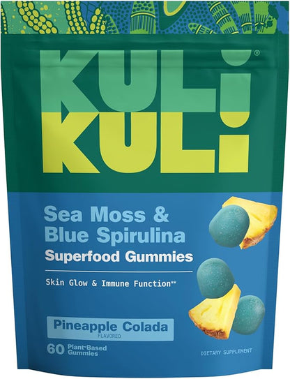 Kuli Kuli Sea Moss & Blue Spirulina Superfood Gummies - Pineapple Colada Flavor, 60 Count - Plant-Based Irish Sea Moss with Baobab & Vitamin C for Skin Glow, Immune Support & Collagen (1 Month Supply)