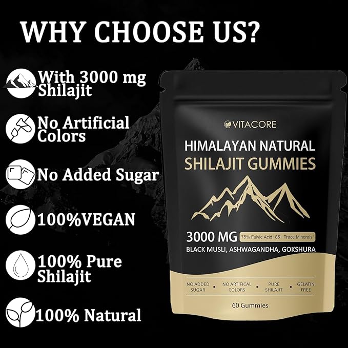 vitacore Himalayan Shilajit Gummies for Men & Women - Pure Gold Energy Boost, 85+ Trace Minerals & Fulvic Acid, Gluten-Free, 60 Gummies