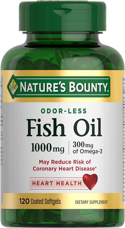Nature's Bounty Fish Oil, Supports Heart Health, Dietary Supplement, 300mg Omega-3, 120 Coated Softgels