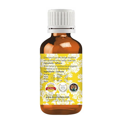 Deve Herbes Safflower Oil (Carthamus tinctorius) | Cold Pressed | Pure | Natural | Undiluted | For Diluting Essential oils | For Skin & Massage | Non-Sticky| Lightweight| Men & Women | 100ml (3.38 oz)