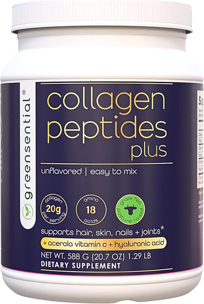 Greensential Collagen Peptides Plus Powder 21oz | + Acerola Vitamin C & Hyaluronic Acid | 100% Hydrolyzed Grass-Fed | Hair, Skin, Nail & Joint Support | Easy to Mix, Unflavored, 28 Servings