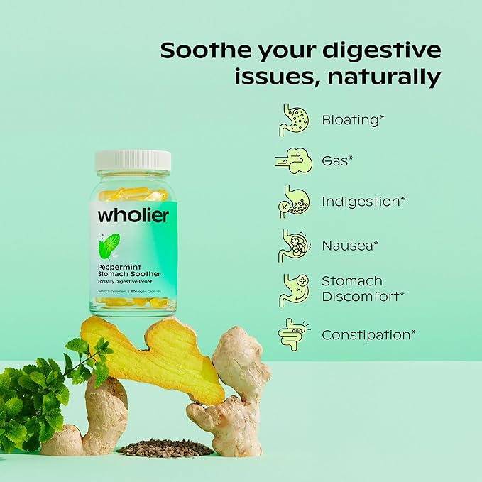 wholier Peppermint Oil, Ginger Root Oil for Bloating Relief, Nausea Relief, Upset Stomach Relief + Gut Health. Daily Herbal Supplement. Peppermint Stomach Soother. (60 Vegan Capsules) Glass Bottle