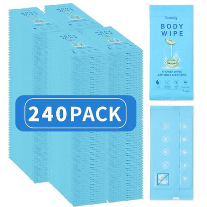 240 Pcs Body Wipes Individually Wrapped (9.29" x 8"), Large Shower Wipes for Adults Bathing No Rinse, Portable Personal Cleansing for Gym, Camping, Hiking, Backpacking,Bulk Homeless Supplies