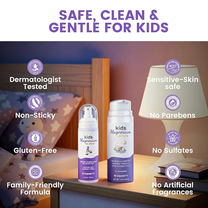 Kids Magnesium Lotion & Magnesium Sleep Spray Set - Calming Lavender Magnesium Oil Spray for Kids Bedtime + Soothing Body Lotion for Nighttime Legs & Feet Comfort, Aromatherapy Lavender & Neroli