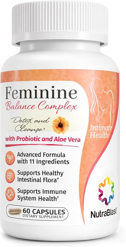 NutraBlast Feminine Balance Complex (60 Capsules) | Detox & Cleanse Probiotics | Supports Healthy Intestinal Flora & Immune Function | Advanced Formula with 11 All Natural Ingredients